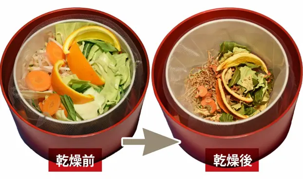 生ごみの乾燥前と乾燥後の写真