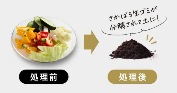 ナクスルによる生ごみ処理前と処理後の比較写真