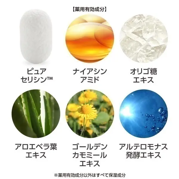 コモエース リンクルリペアBBに配合されている6つの薬用有効成分の写真