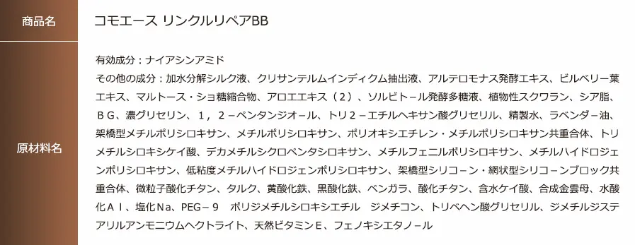 コモエース リンクルリペアBBの原材料表の画像